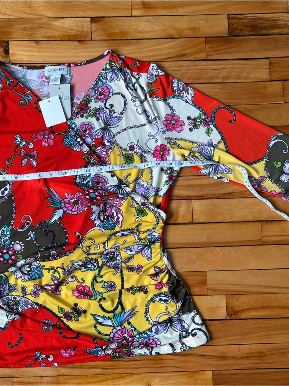 NWT Carmen Marc Valvo Kitschy Y2K Retro Paisley Patchwork Ruched Bohemian Blouse - Picture 5 of 10